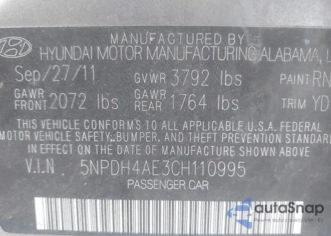 2012 Hyundai Elantra Gls z USA, uszkodzony, nr VIN 5NPDH4AE3CH110995